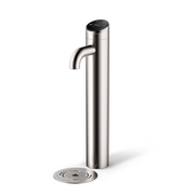 A modern stainless steel BRITA Extra I-Tap water dispenser faucet with a curved spout and a matching round drain base, shown on a clean white background.